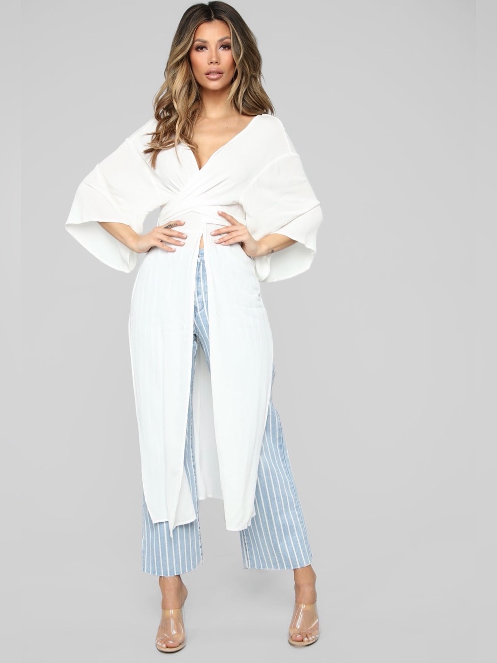 White Wrap Tunic Top with Front Slit